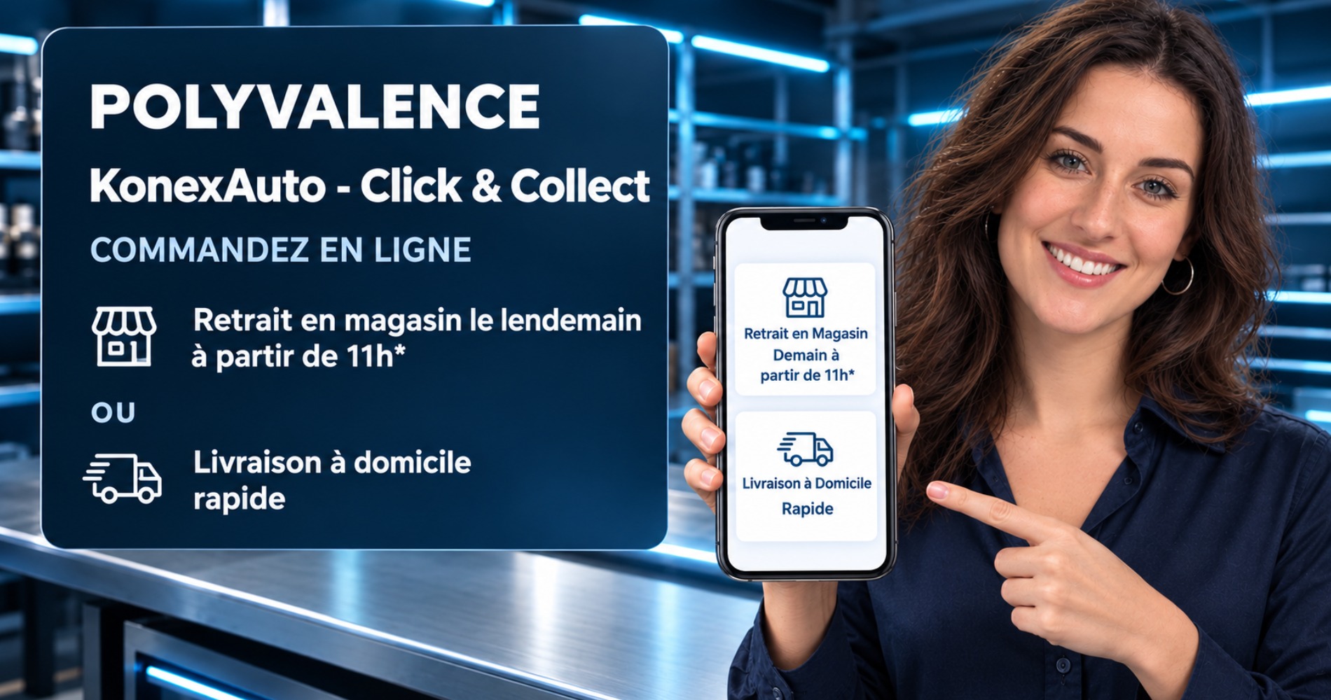 KonexAuto Click & Collect : commandez en ligne, retrait en magasin le lendemain à partir de 11 h ou livraison à domicile rapide.