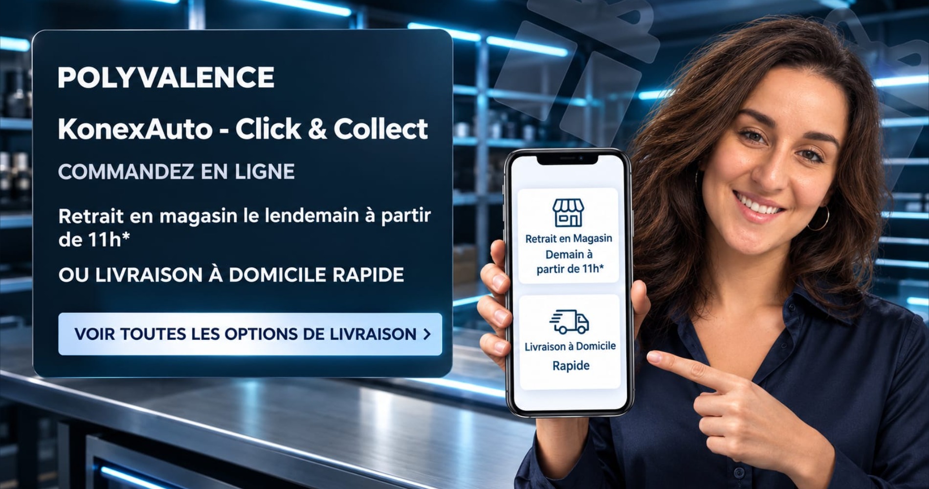 KonexAuto Click & Collect : commandez en ligne, retrait en magasin le lendemain à partir de 11 h ou livraison à domicile rapide.