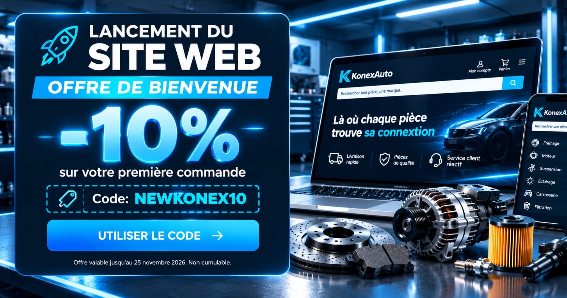 Offre de bienvenue : 10 % de remise sur votre première commande avec le code NEWKONEX10. Valable jusqu’au 25 novembre 2026, non cumulable.