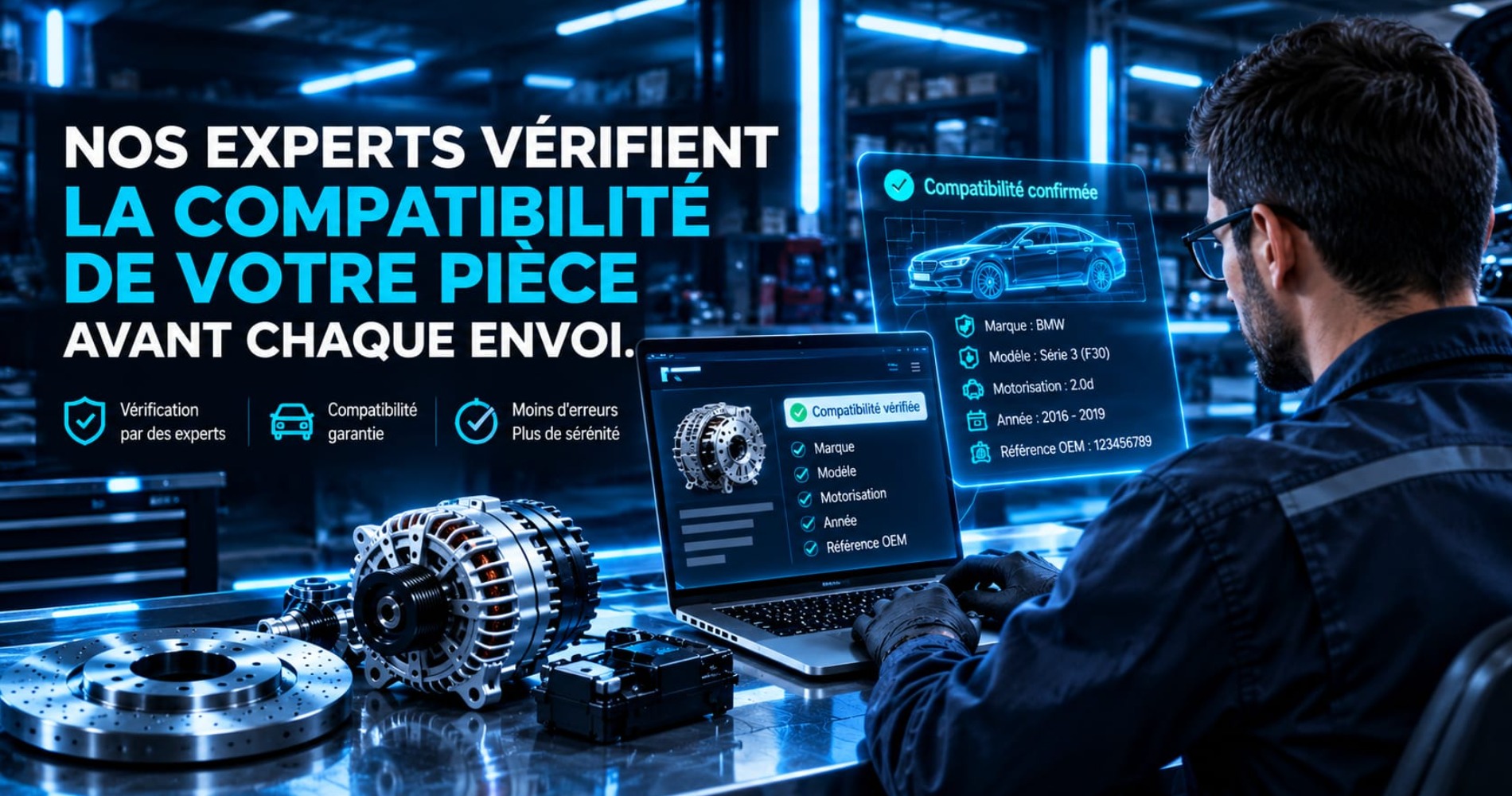 Nos experts vérifient la compatibilité de votre pièce avant chaque envoi : marque, modèle, motorisation, année et référence OEM.